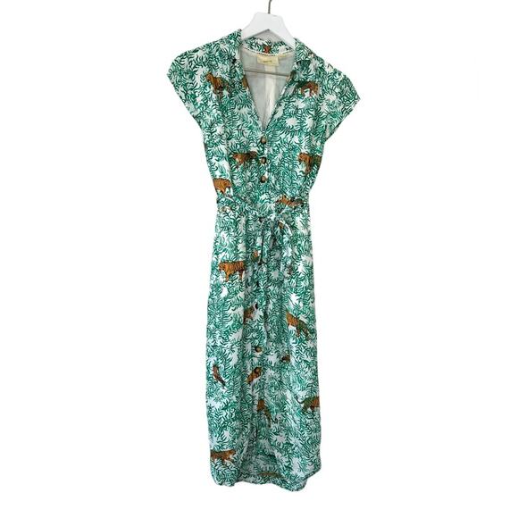 Maeve by Anthropologie Green Tiger Print Button Front Shirt Dress Size 2 - Picture 2 of 14